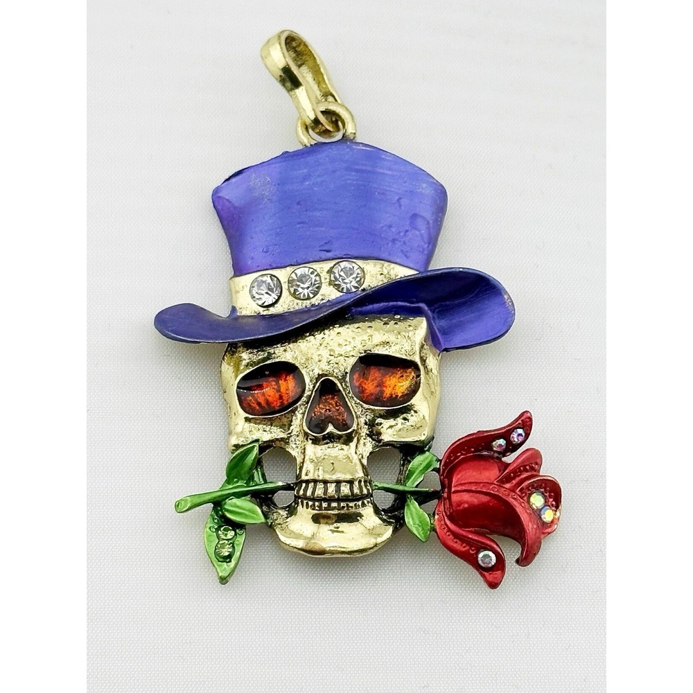Sugar Skull Pendant With Purple Top Hat & Rose In Teeth.